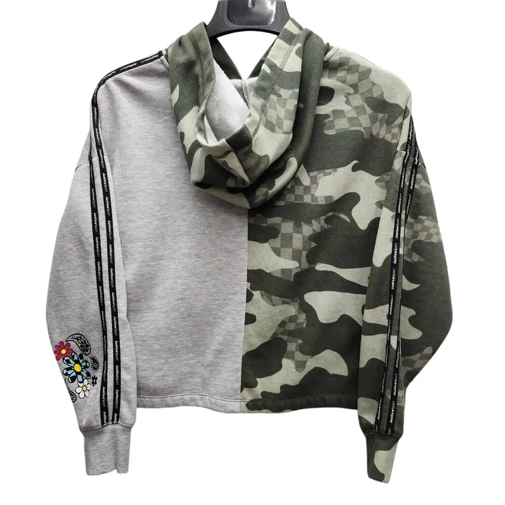 Justice Sport Girls XL Plus 16P-18P Hooded Sweatshirt Camouflage Gray Good Vibes
